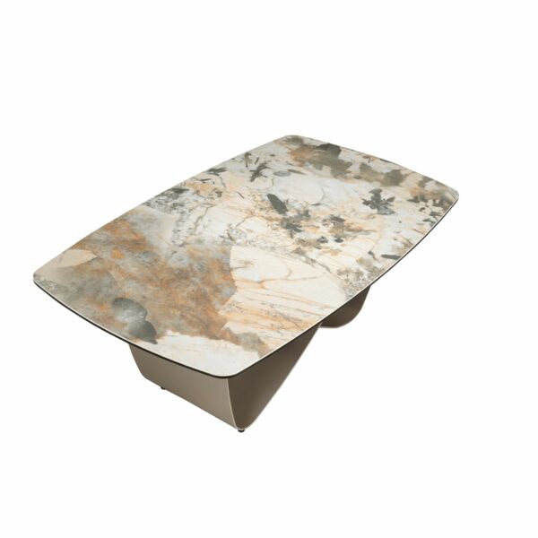 Mesa centro ovalada barril mármol porcelánico y acero taupé metalizado