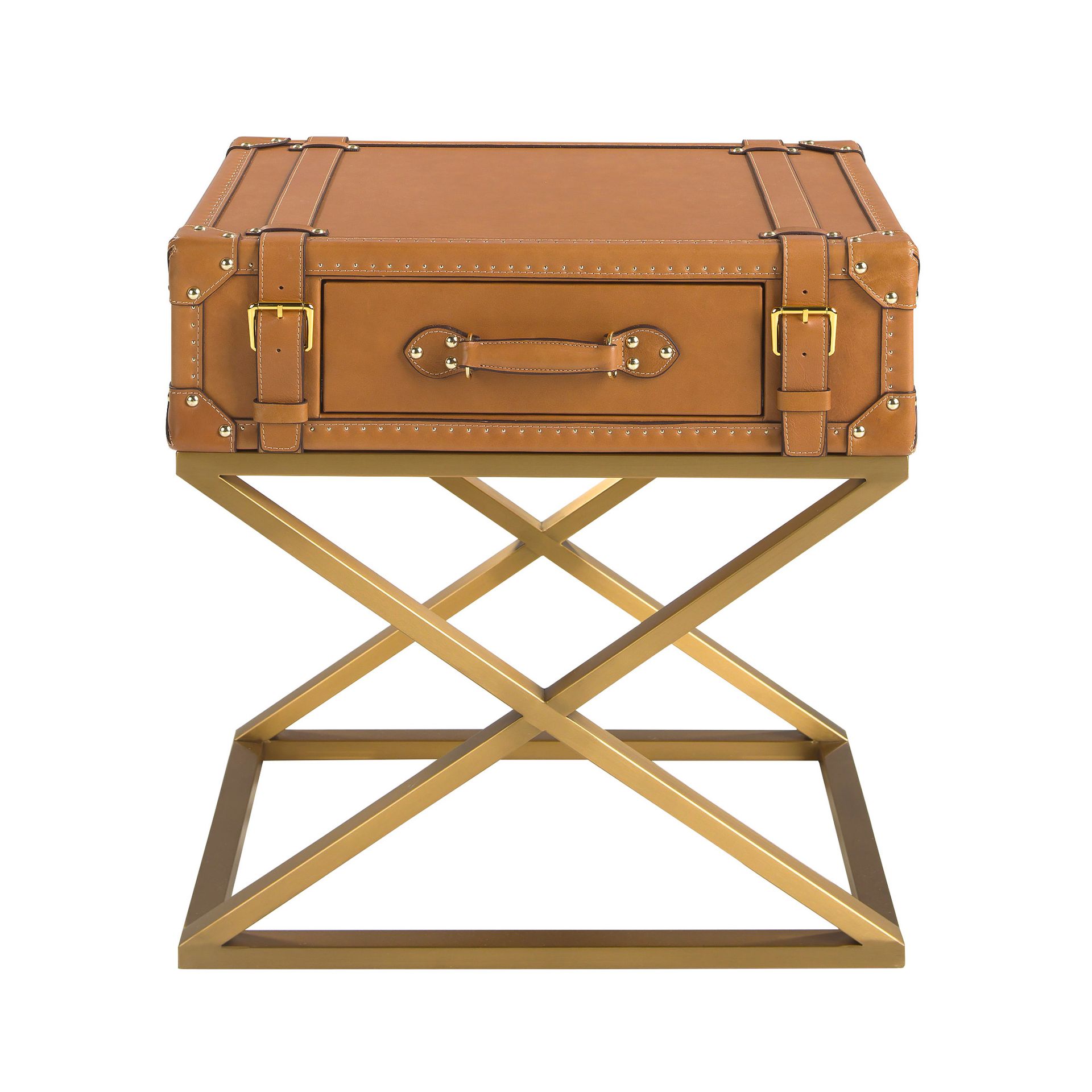 Mesa rincón rectangular piel, nogal y acero dorado Mesa rincón rectangular piel, nogal y acero dorado