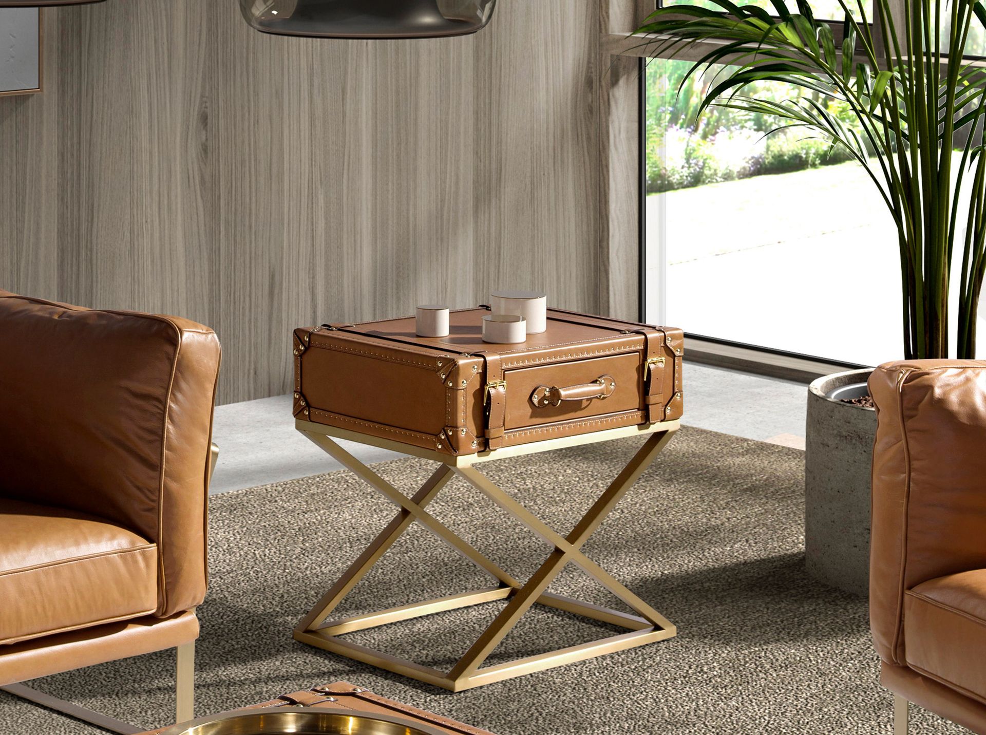 Mesa rincón rectangular piel, nogal y acero dorado Mesa rincón rectangular piel, nogal y acero dorado