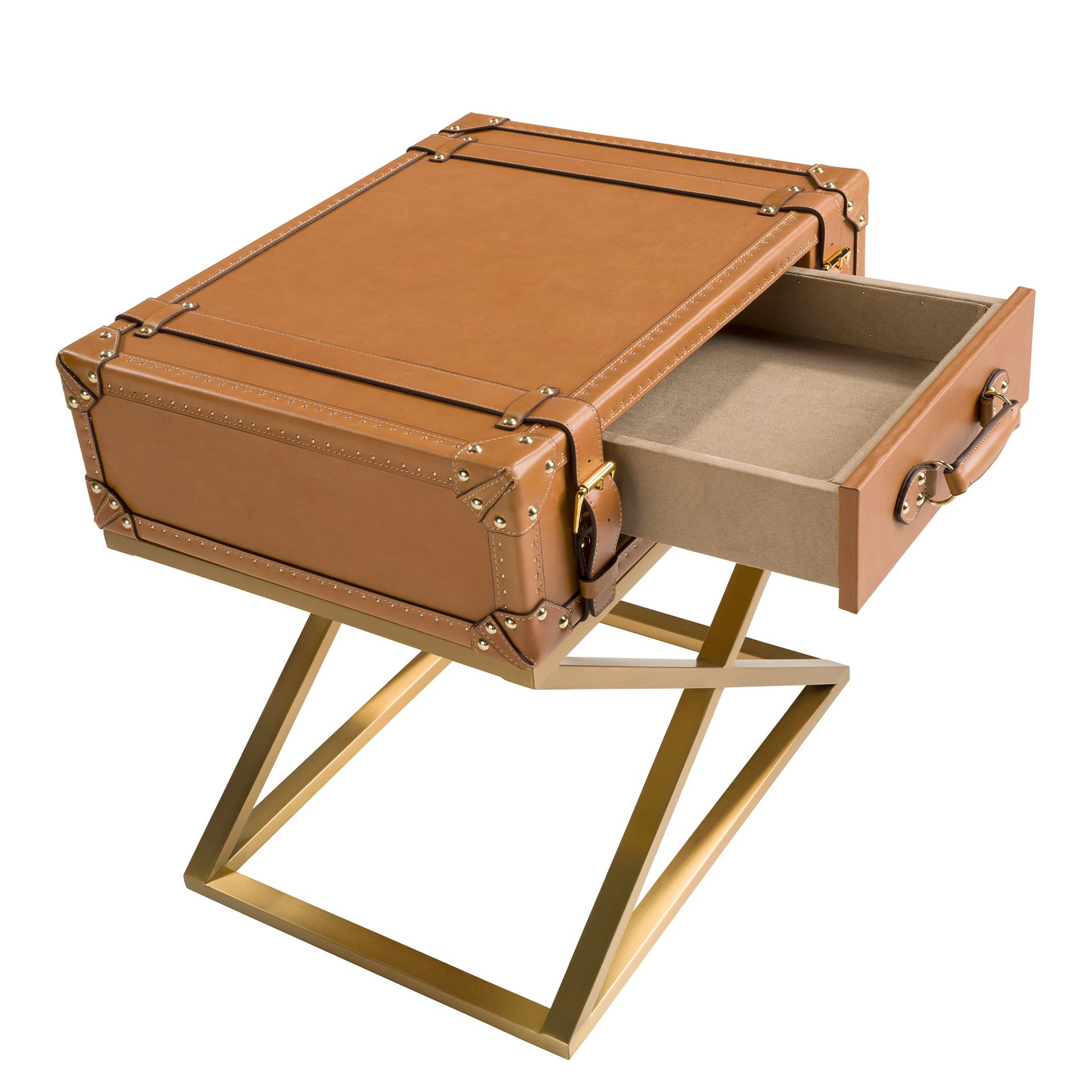 Mesa rincón rectangular piel, nogal y acero dorado Mesa rincón rectangular piel, nogal y acero dorado