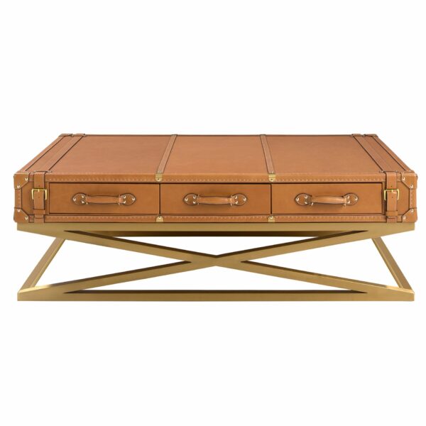 Mesa centro rectangular piel, nogal y acero dorado