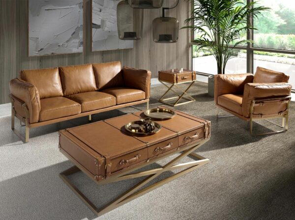 Mesa centro rectangular piel, nogal y acero dorado
