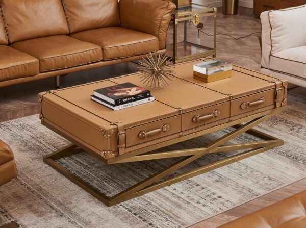 Mesa centro rectangular piel, nogal y acero dorado