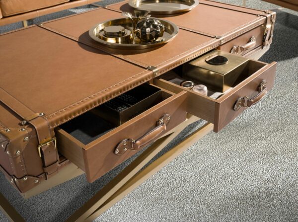 Mesa centro rectangular piel, nogal y acero dorado