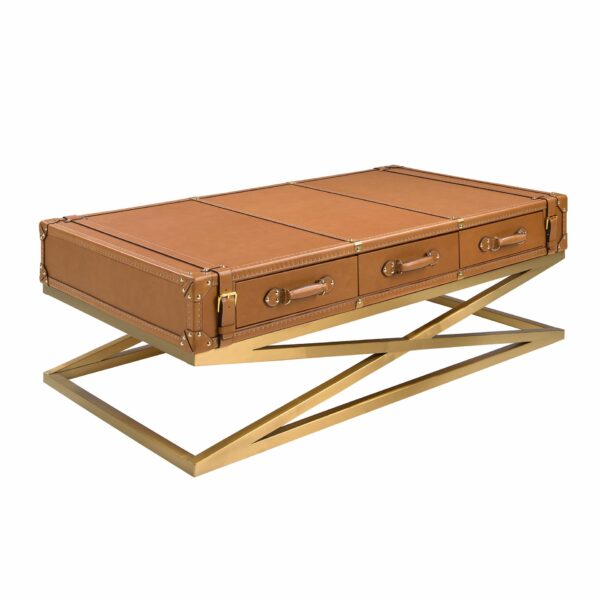 Mesa centro rectangular piel, nogal y acero dorado
