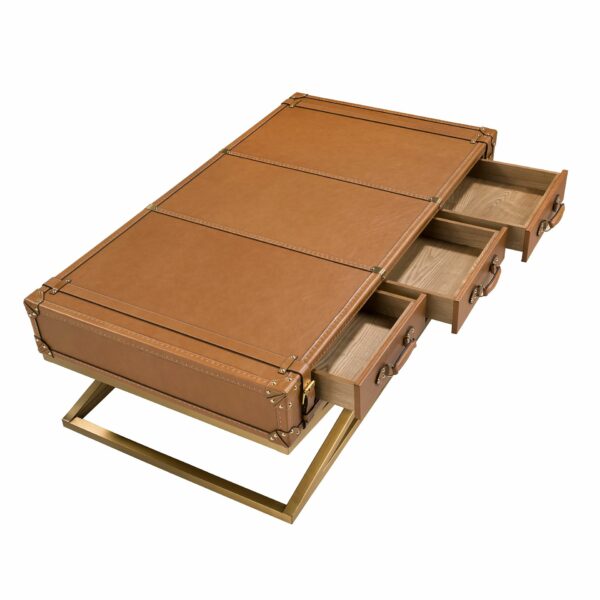 Mesa centro rectangular piel, nogal y acero dorado