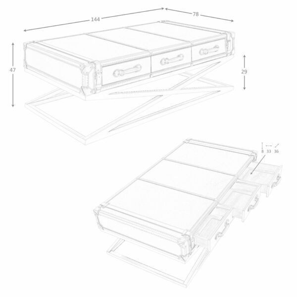 Mesa centro rectangular piel, nogal y acero dorado