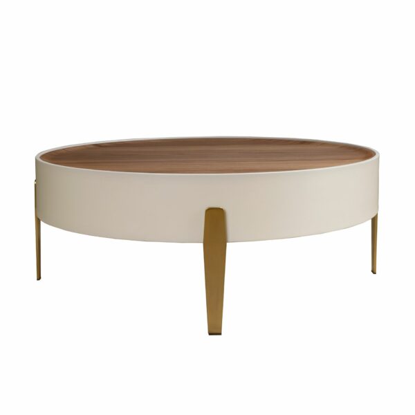 Mesa centro redonda nogal, madera beige y acero pulido dorado