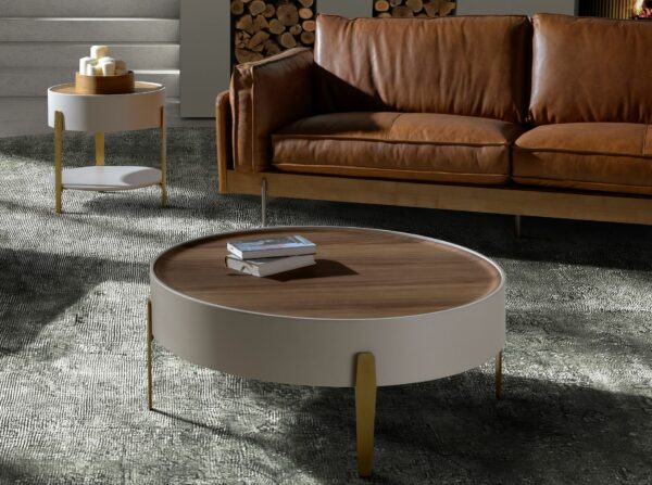 Mesa centro redonda nogal, madera beige y acero pulido dorado
