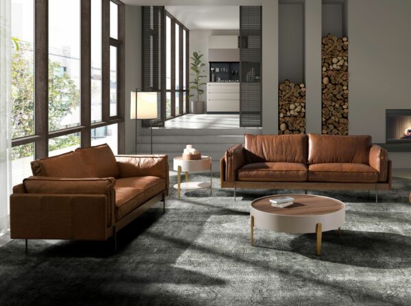 Mesa centro redonda nogal, madera beige y acero pulido dorado