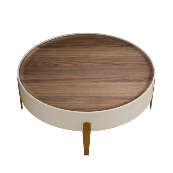 Mesa centro redonda nogal, madera beige y acero pulido dorado