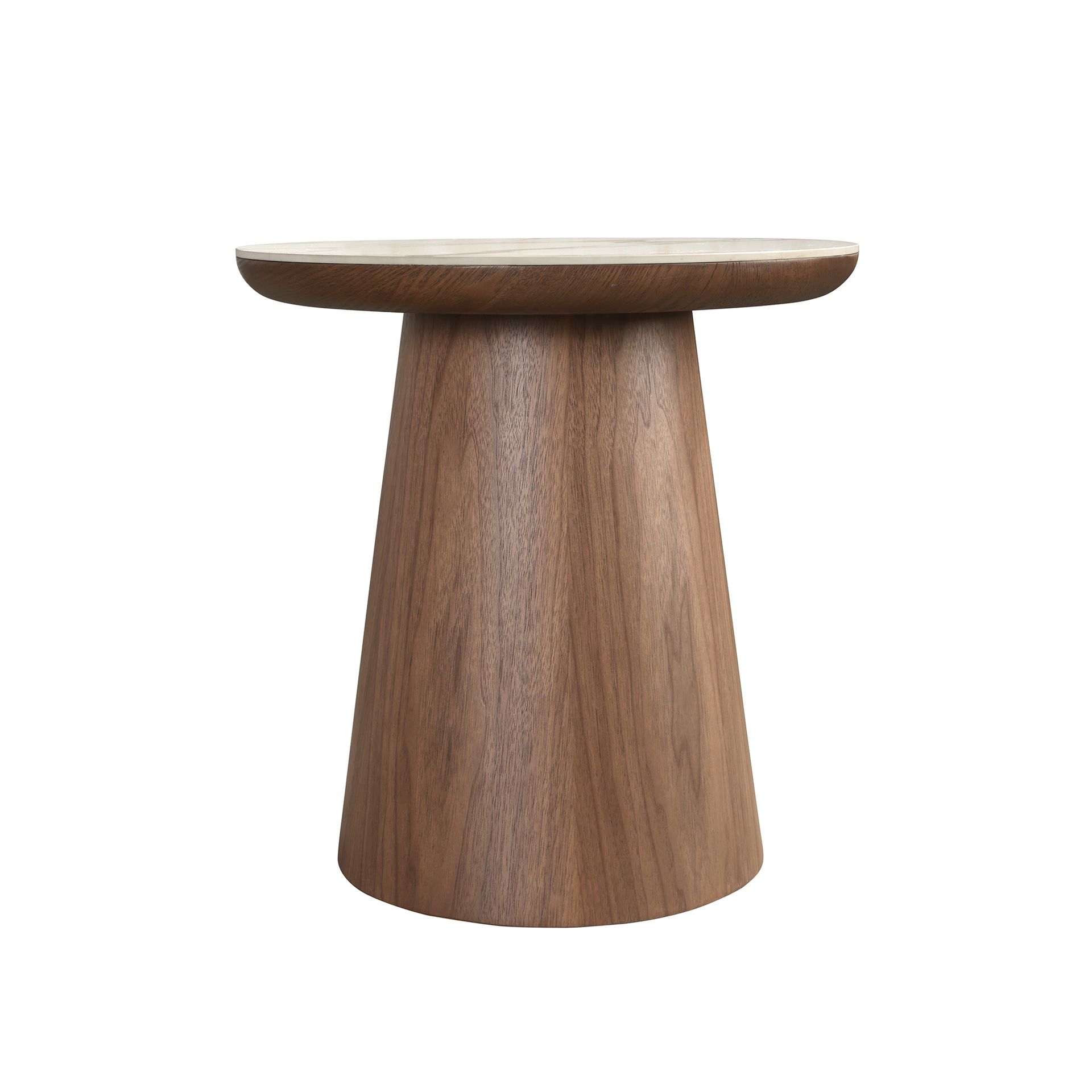 Mesa rincón redonda mármol porcelánico y nogal Mesa rincón redonda mármol porcelánico y nogal