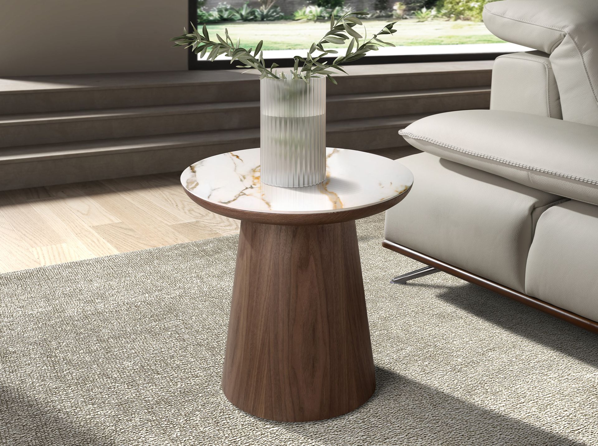 Mesa rincón redonda mármol porcelánico y nogal Mesa rincón redonda mármol porcelánico y nogal