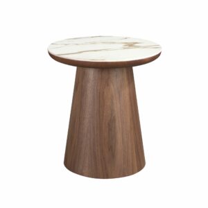 Mesa rincón redonda mármol porcelánico y nogal Mesa rincón redonda mármol porcelánico y nogal