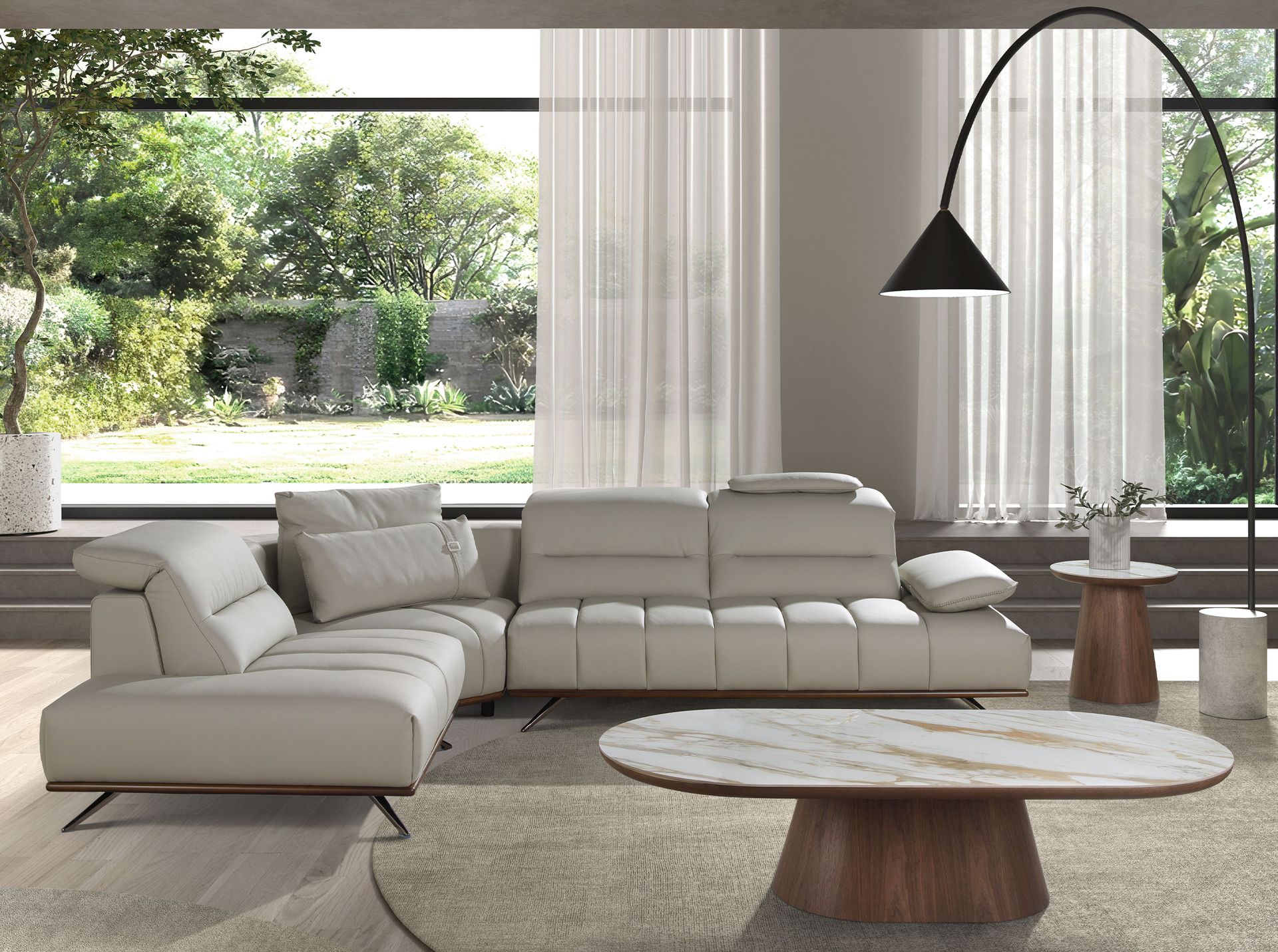 Mesa rincón redonda mármol porcelánico y nogal Mesa rincón redonda mármol porcelánico y nogal