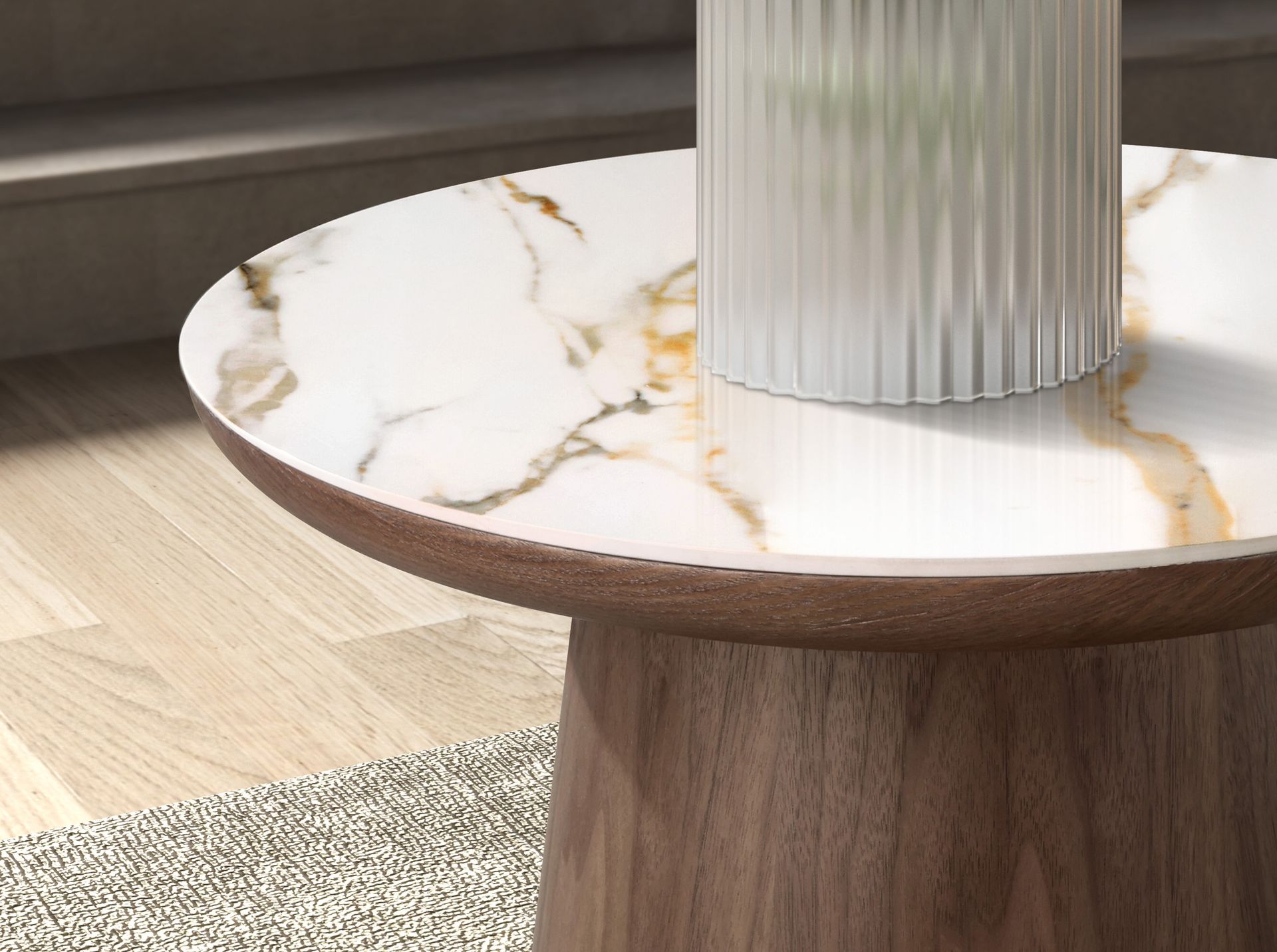 Mesa rincón redonda mármol porcelánico y nogal Mesa rincón redonda mármol porcelánico y nogal
