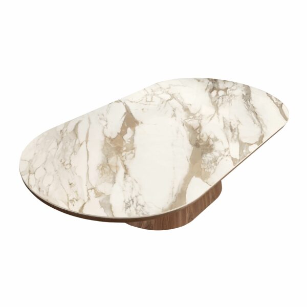 Mesa centro ovalada medio punto mármol porcelánico y nogal