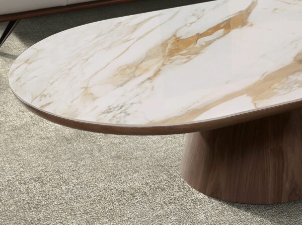 Mesa centro ovalada medio punto mármol porcelánico y nogal