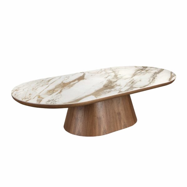 Mesa centro ovalada medio punto mármol porcelánico y nogal