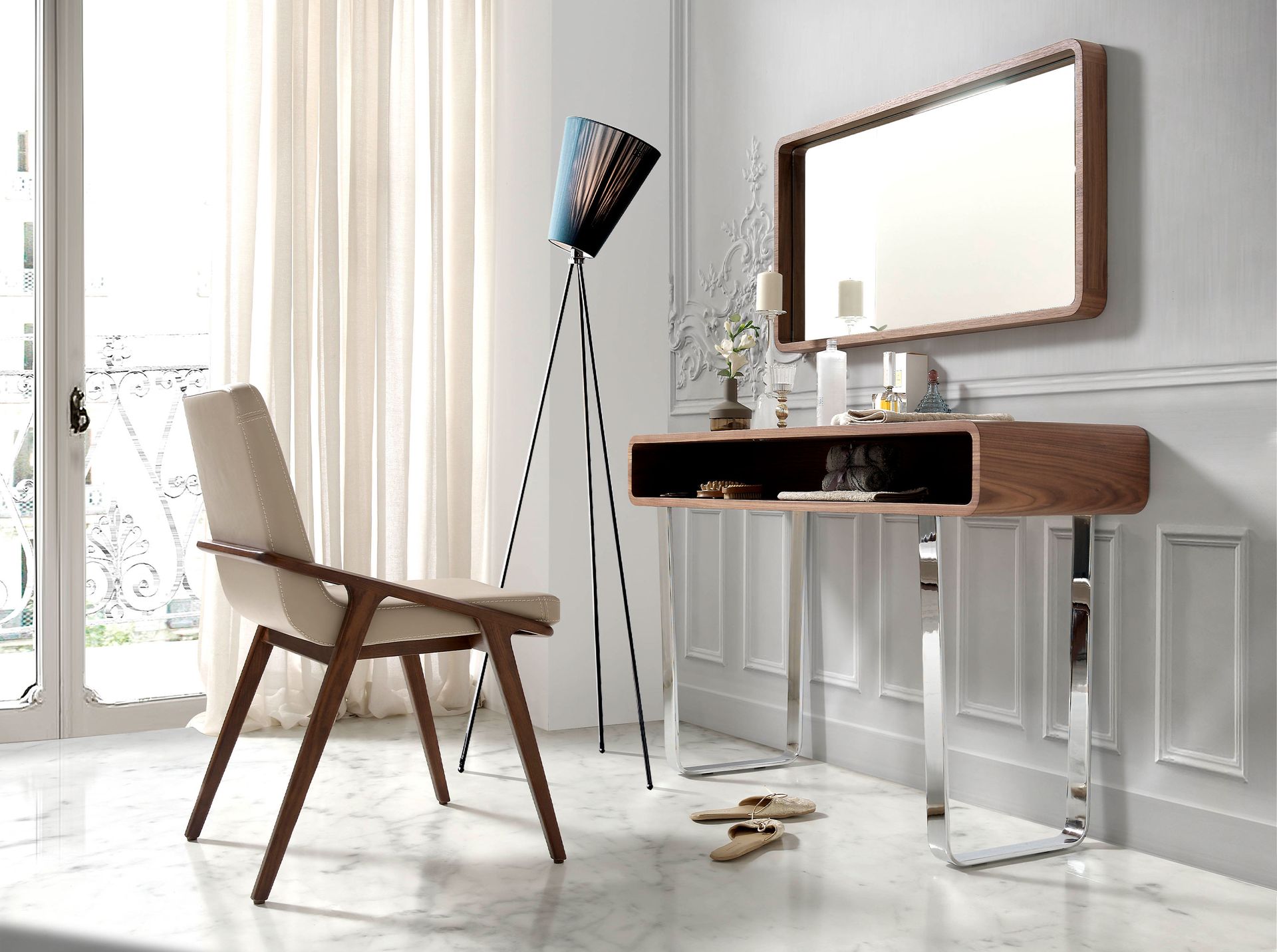 Consola rectangular nogal y acero cromado Consola rectangular nogal y acero cromado