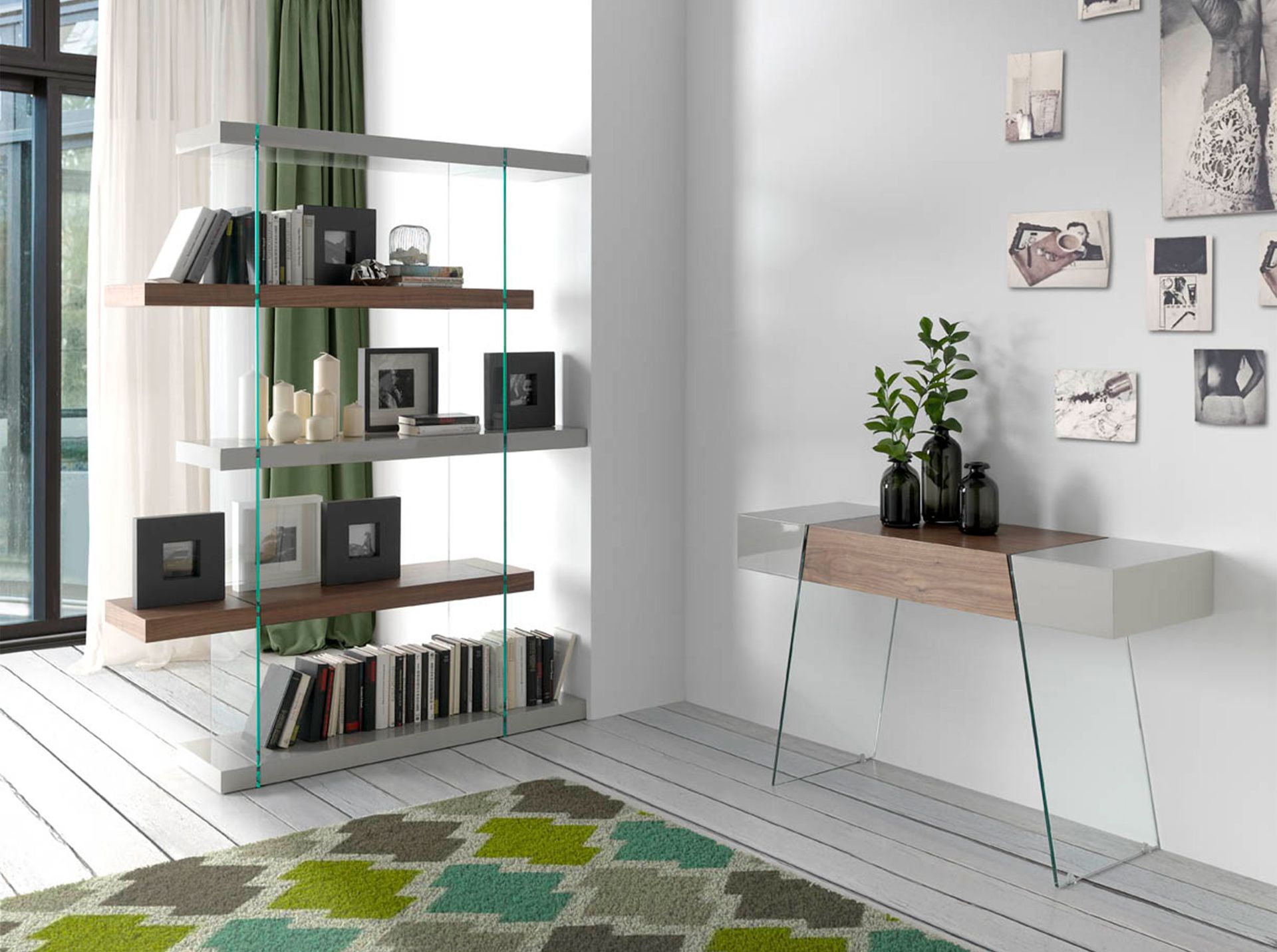 Consola rectangular madera gris, nogal y cristal templado Consola rectangular madera gris, nogal y cristal templado