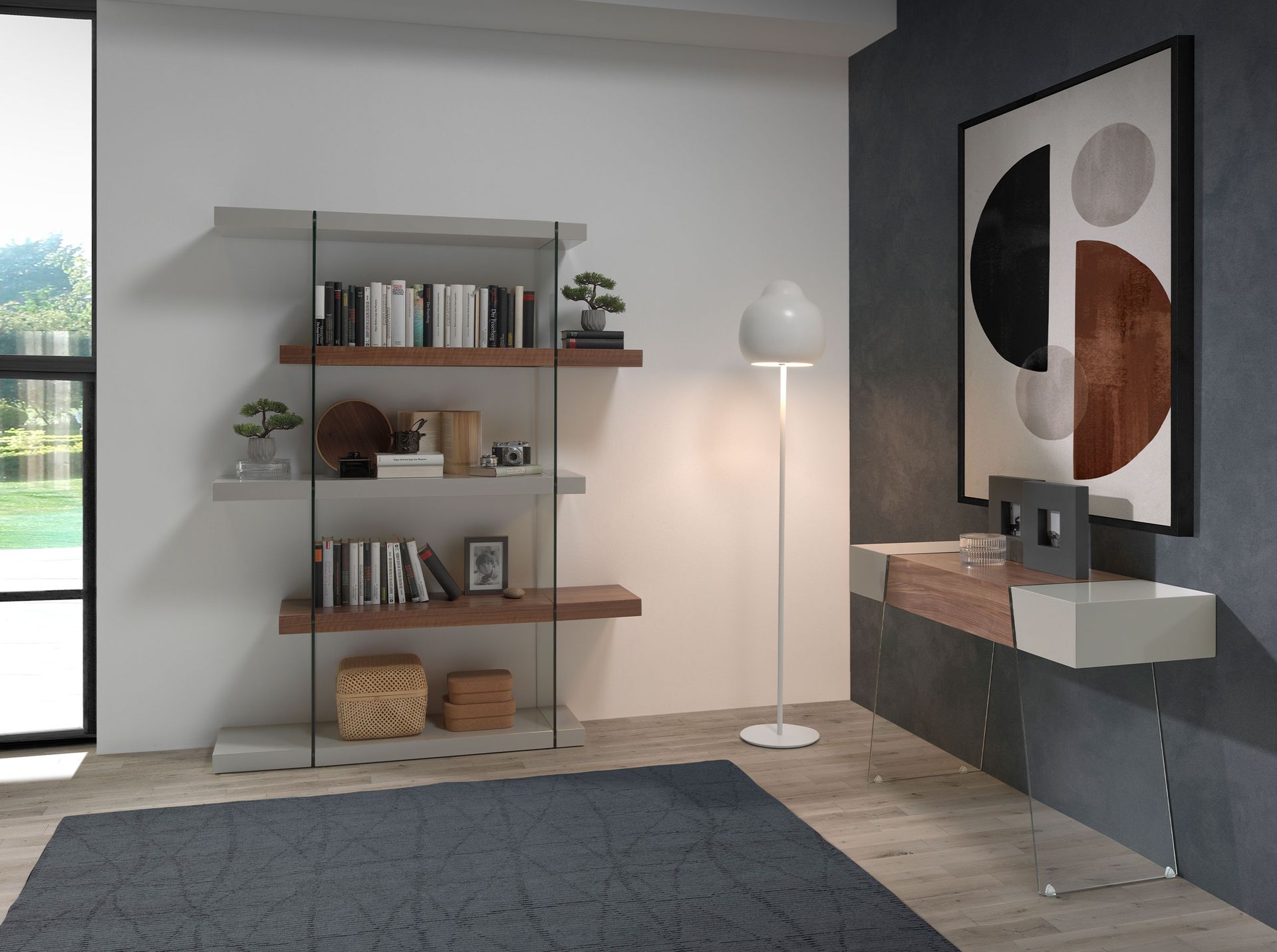 Consola rectangular madera gris, nogal y cristal templado Consola rectangular madera gris, nogal y cristal templado