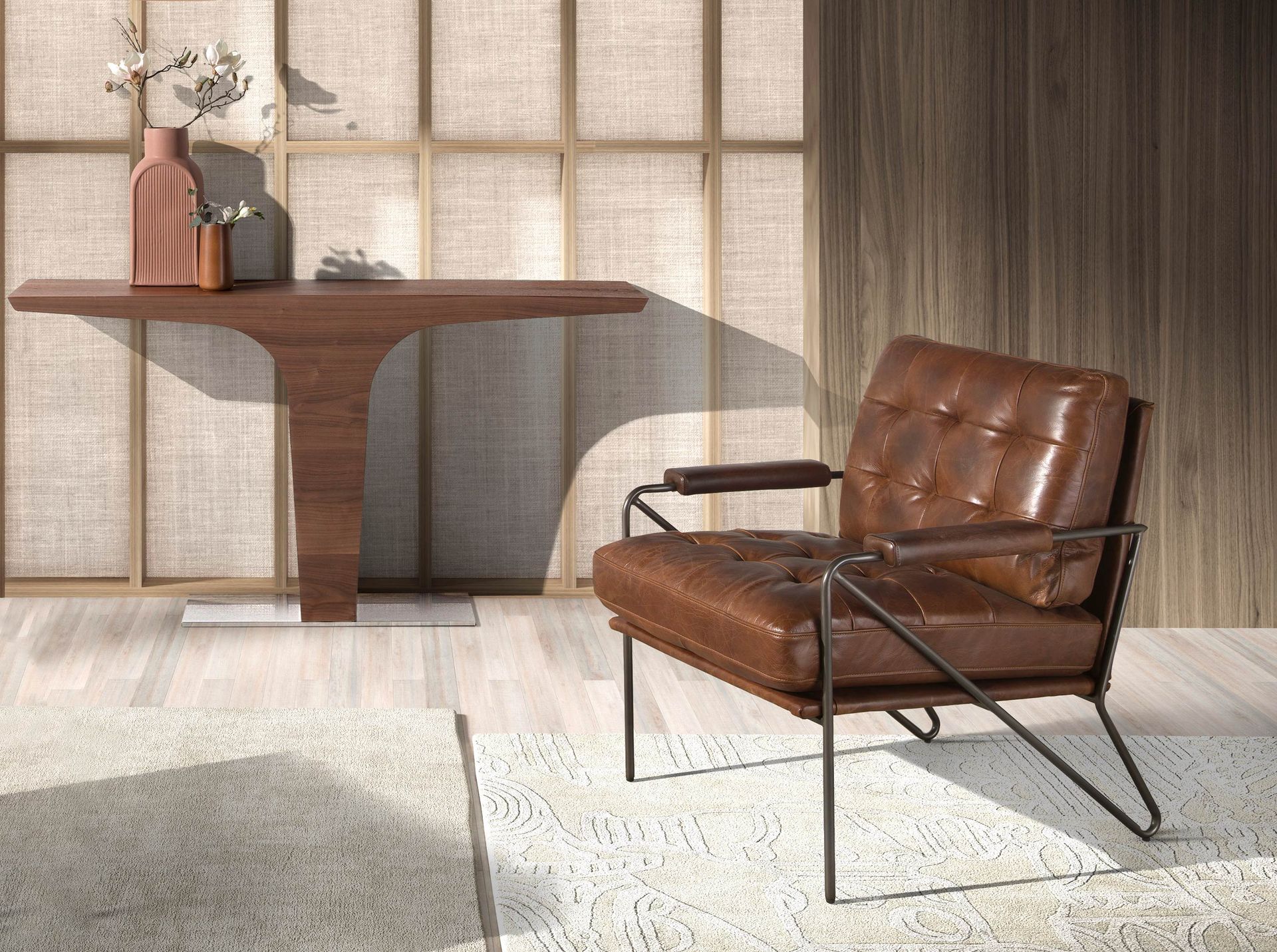 Consola rectangular nogal y base acero cromado Consola rectangular nogal y base acero cromado