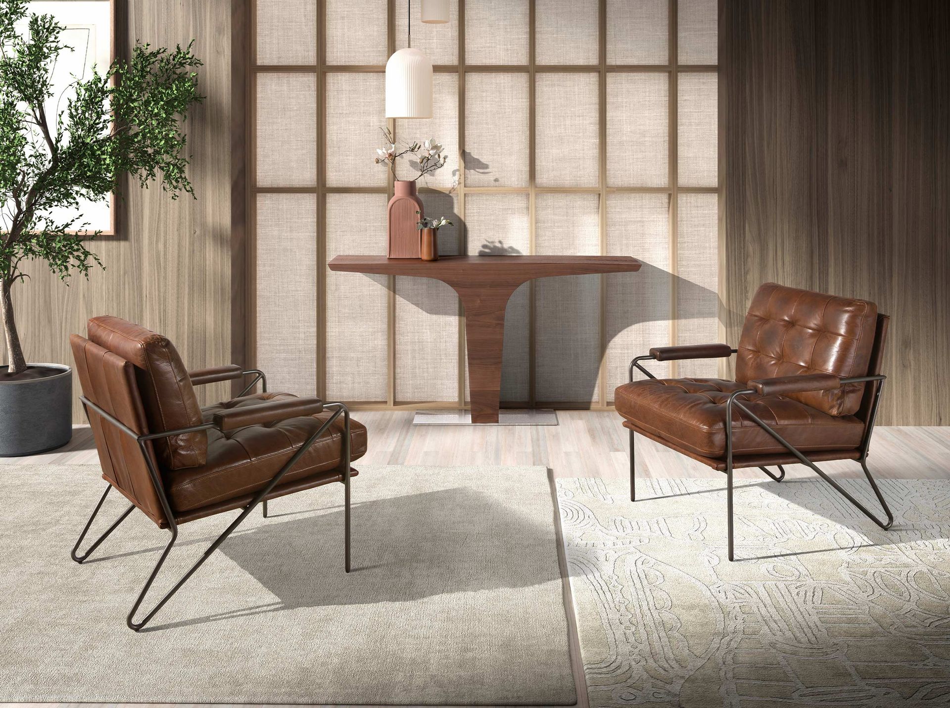 Consola rectangular nogal y base acero cromado Consola rectangular nogal y base acero cromado