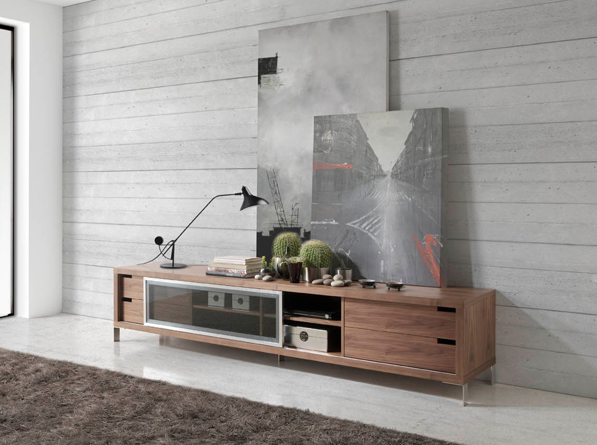 Mueble TV nogal y acero cromado Mueble TV nogal y acero cromado