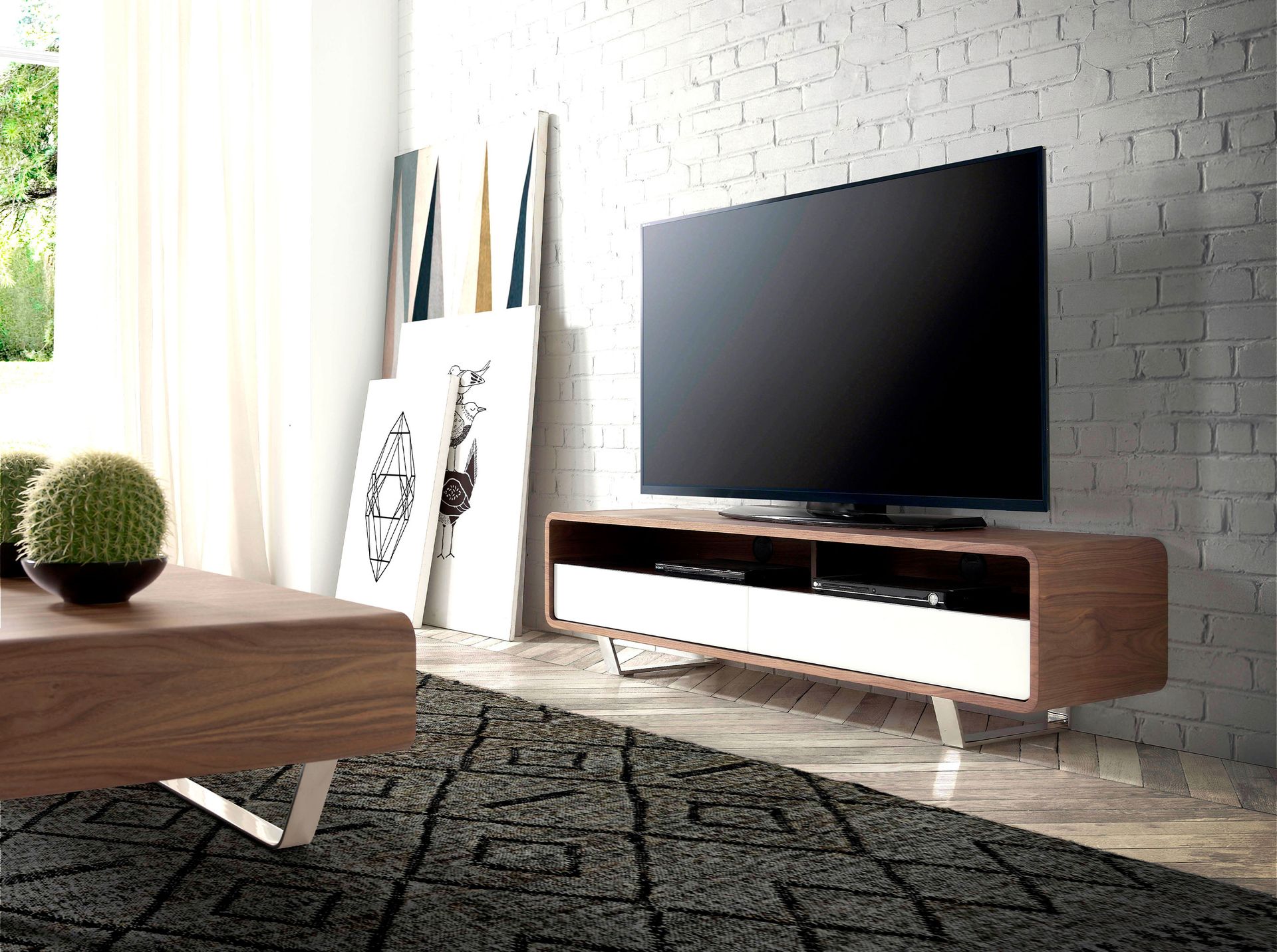 Mueble TV madera blanco, nogal y acero cromado Mueble TV madera blanco, nogal y acero cromado
