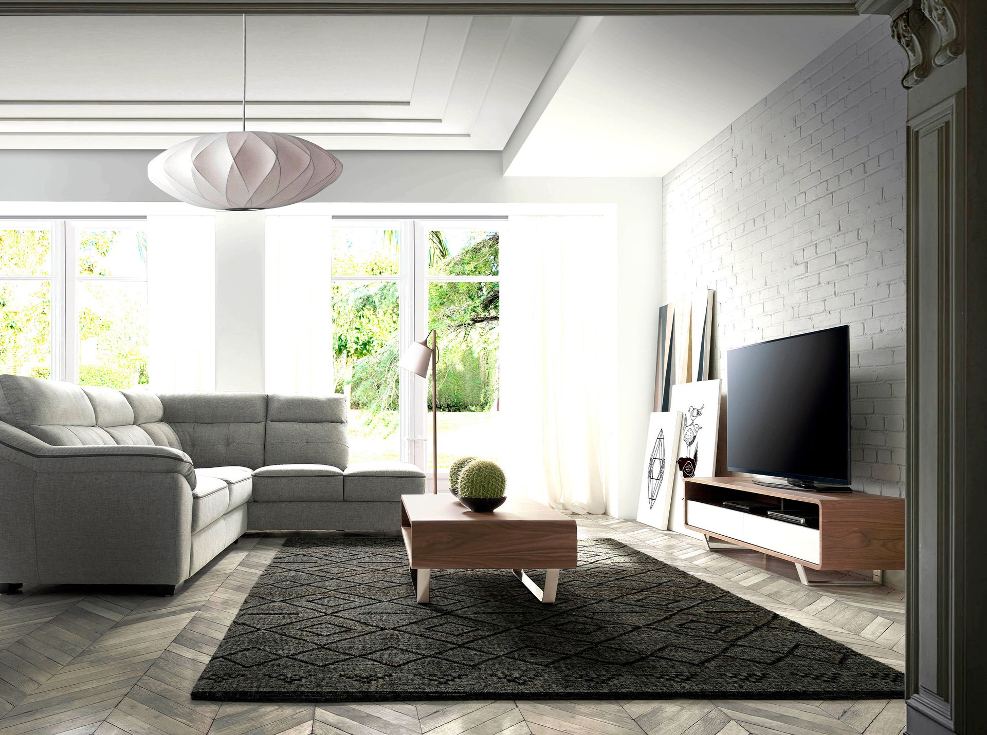 Mueble TV madera blanco, nogal y acero cromado Mueble TV madera blanco, nogal y acero cromado