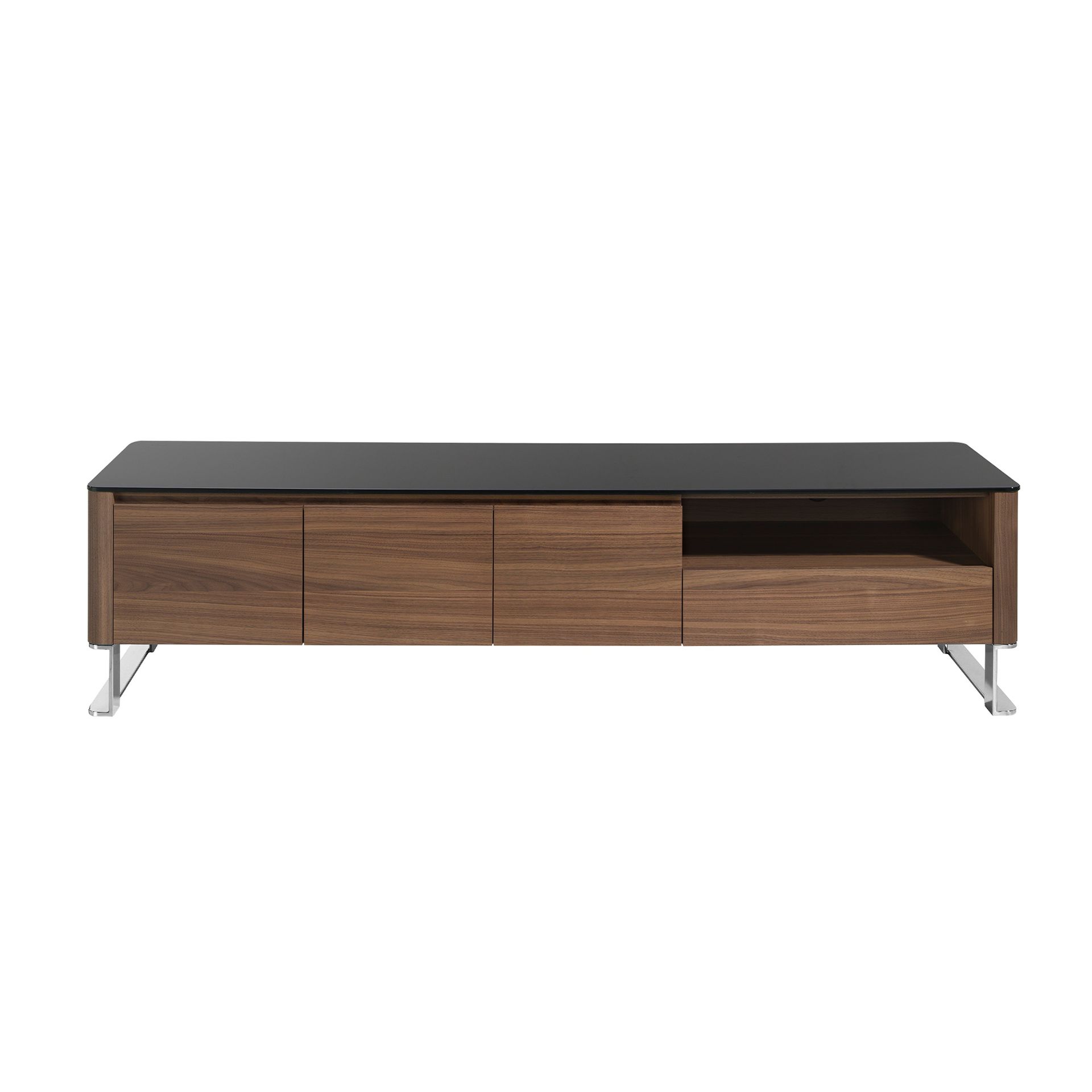 Mueble TV nogal, acero cromado y tapa de cristal negro Mueble TV nogal, acero cromado y tapa de cristal negro