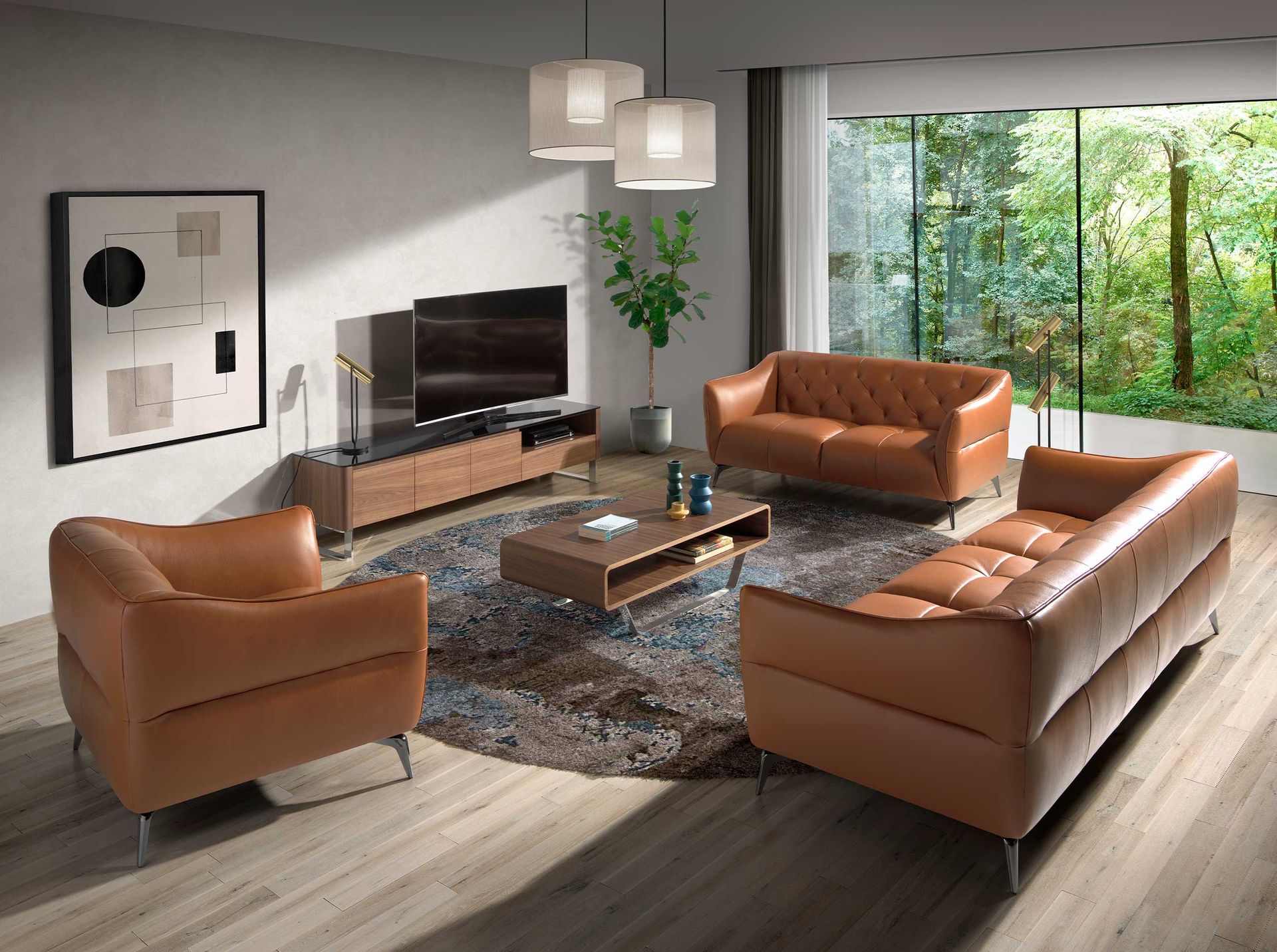 Mueble TV nogal, acero cromado y tapa de cristal negro Mueble TV nogal, acero cromado y tapa de cristal negro