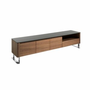 Mueble TV nogal, acero cromado y tapa de cristal negro Mueble TV nogal, acero cromado y tapa de cristal negro