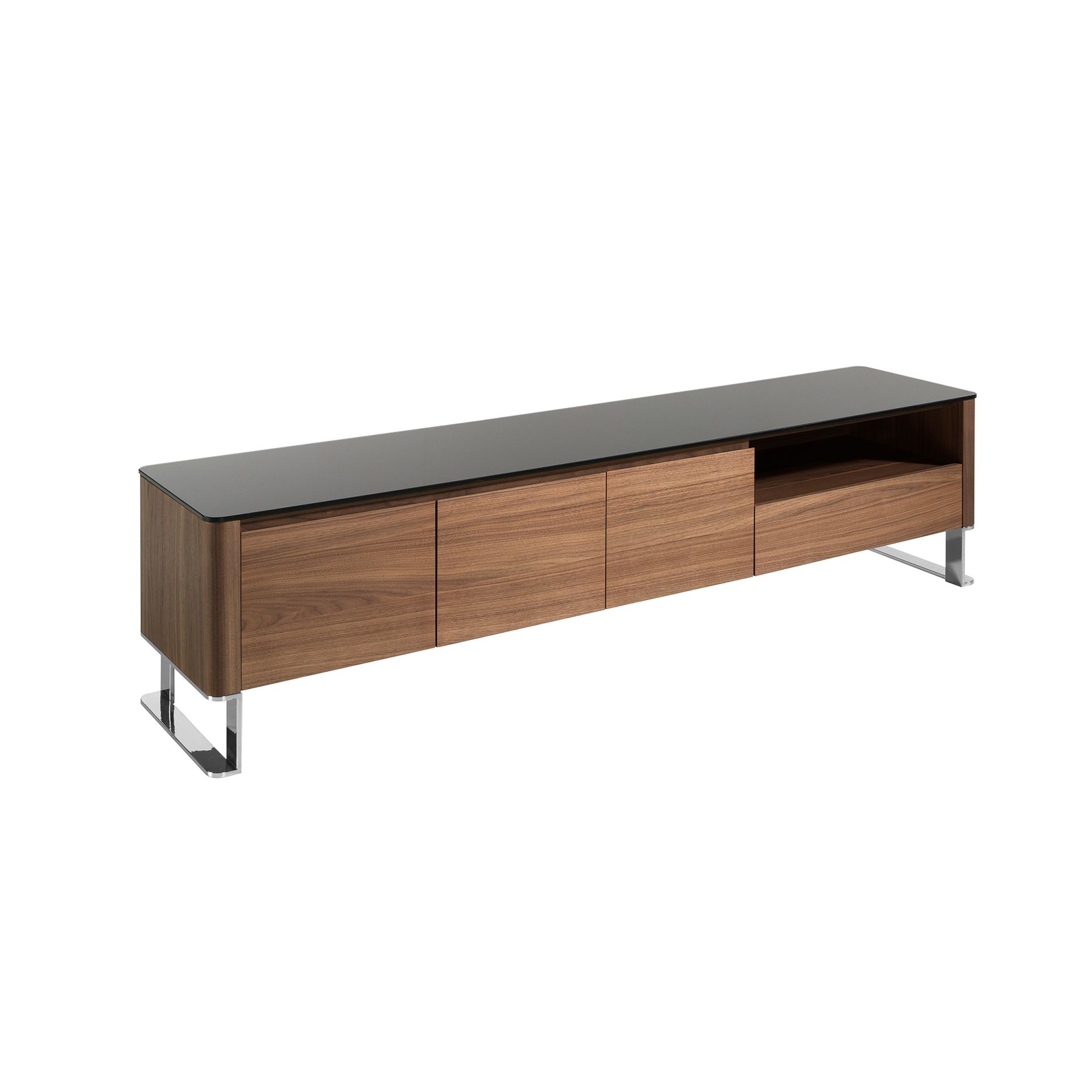 Mueble TV nogal, acero cromado y tapa de cristal negro Mueble TV nogal, acero cromado y tapa de cristal negro