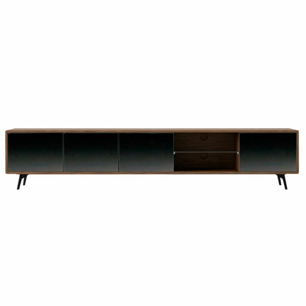 Mueble TV cristal negro efecto espejo, nogal y acero negro