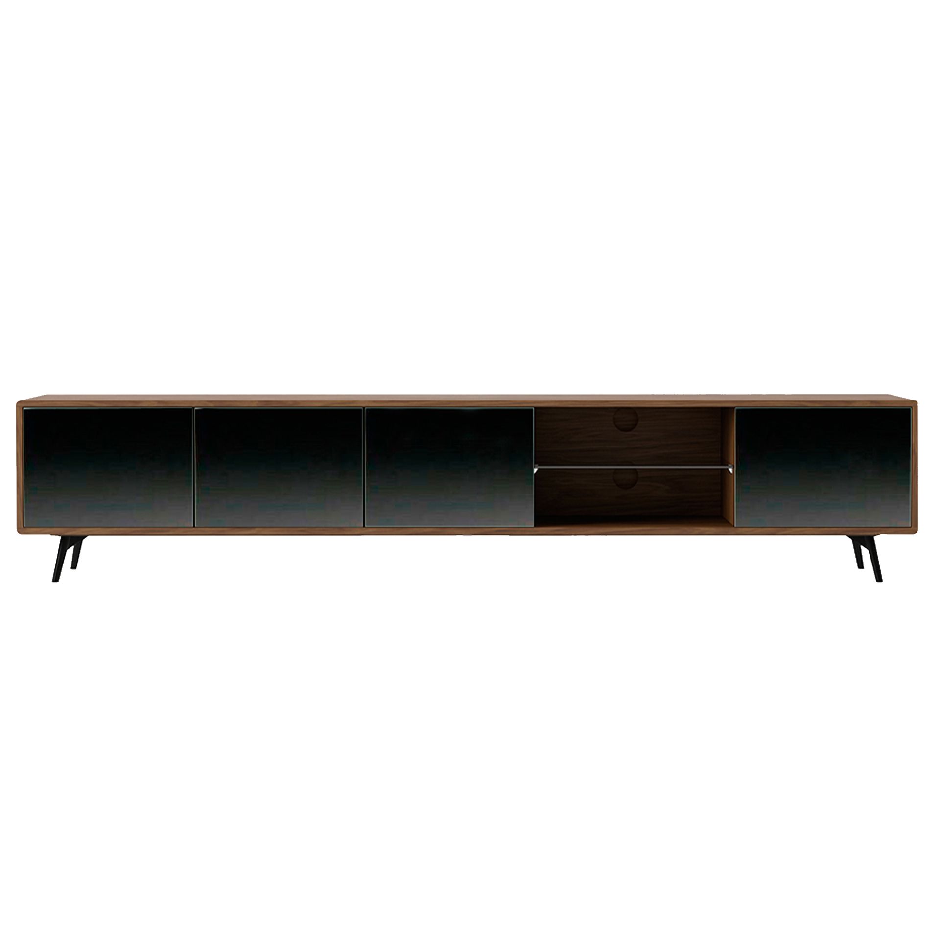 Mueble TV cristal negro efecto espejo, nogal y acero negro Mueble TV cristal negro efecto espejo, nogal y acero negro