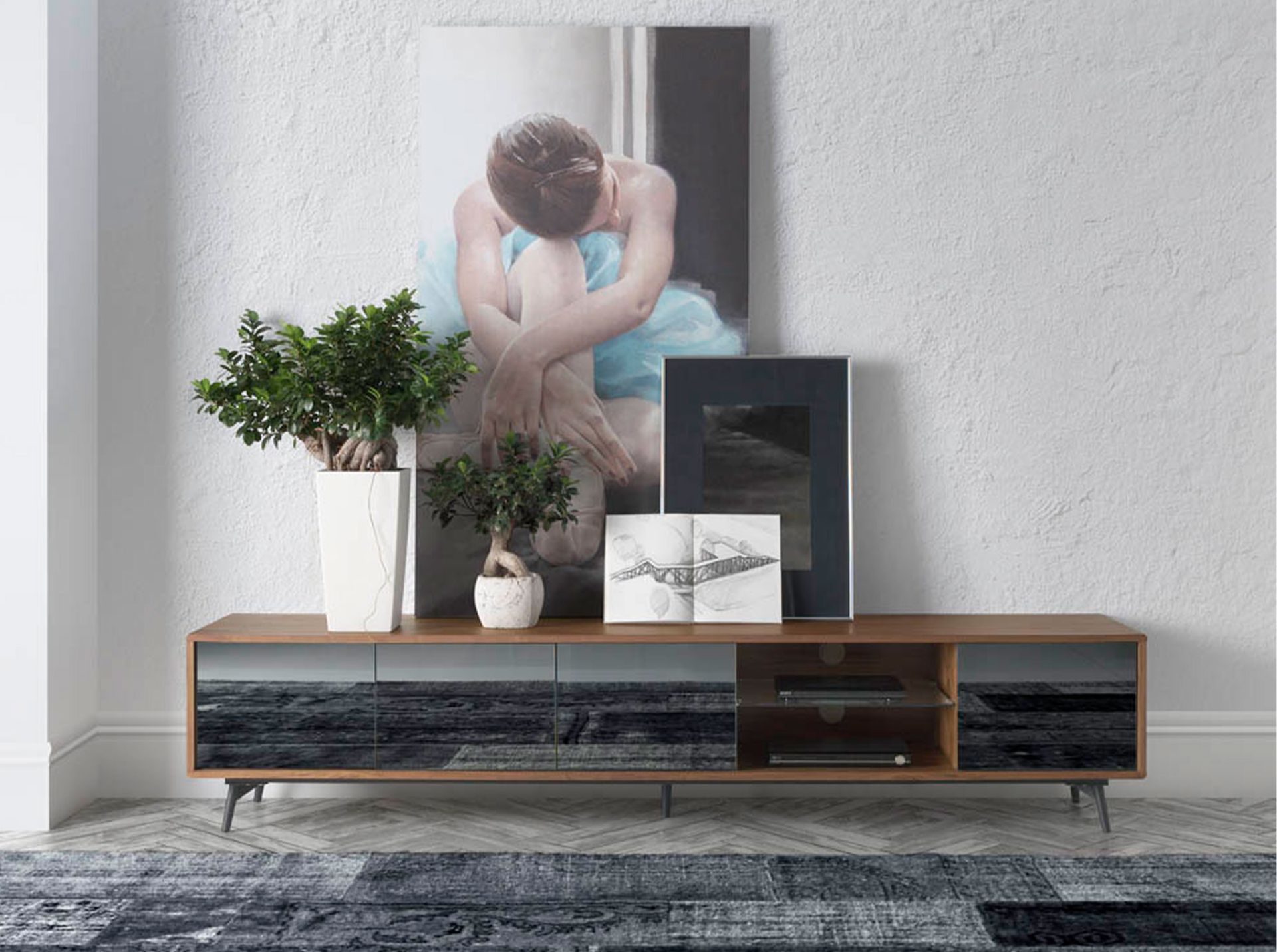 Mueble TV cristal negro efecto espejo, nogal y acero negro Mueble TV cristal negro efecto espejo, nogal y acero negro