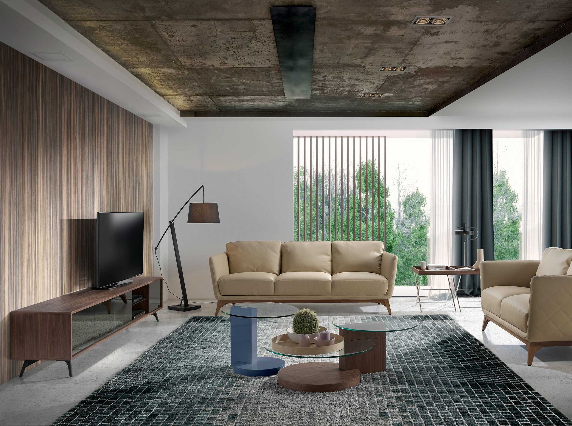 Mueble TV cristal negro efecto espejo, nogal y acero negro Mueble TV cristal negro efecto espejo, nogal y acero negro