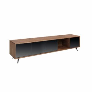 Mueble TV cristal negro efecto espejo, nogal y acero negro Mueble TV cristal negro efecto espejo, nogal y acero negro