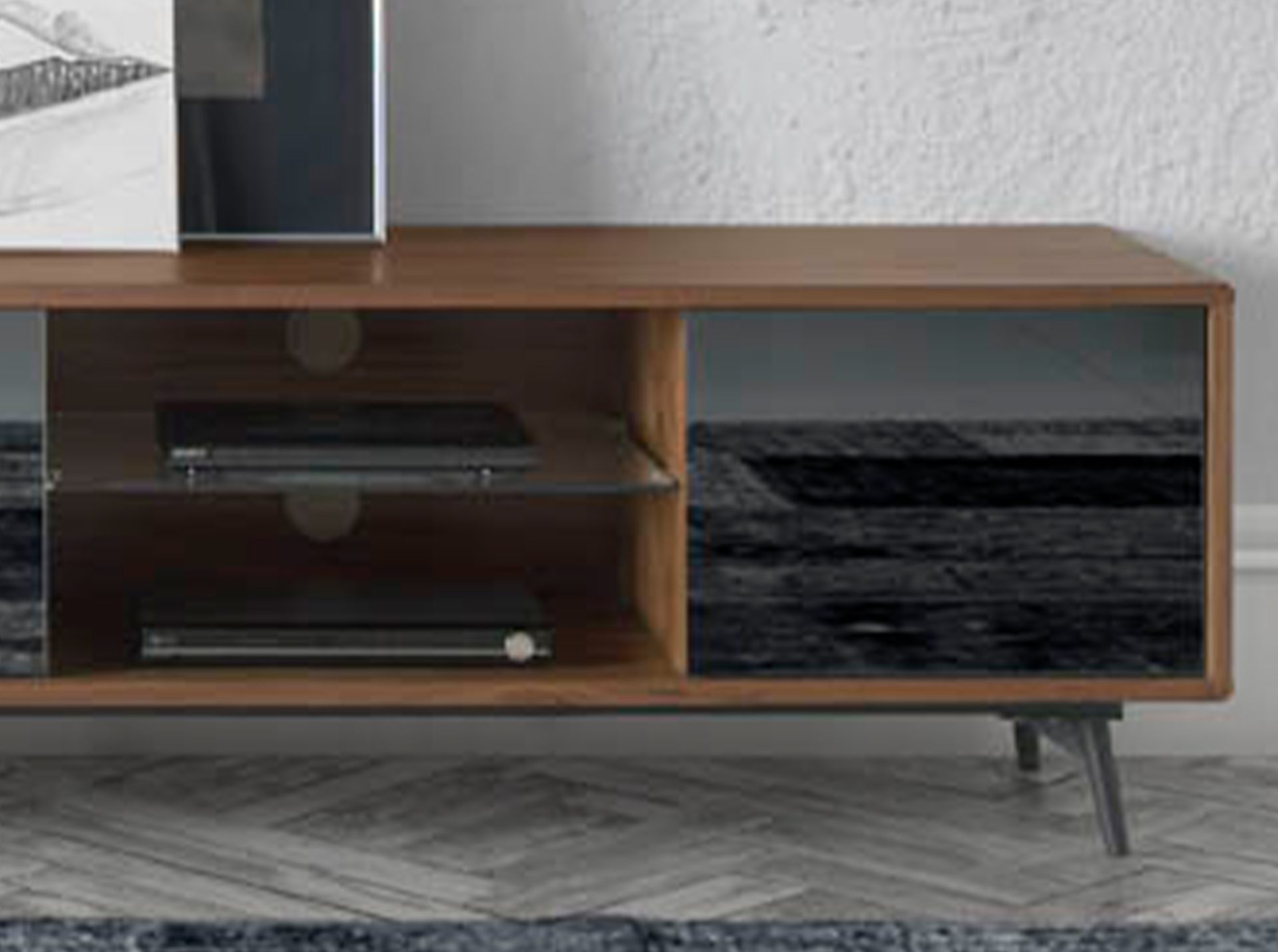Mueble TV cristal negro efecto espejo, nogal y acero negro Mueble TV cristal negro efecto espejo, nogal y acero negro