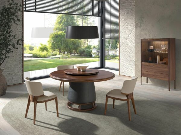 Aparador alto nogal con tapa de cristal imitación mármol e iluminación interior