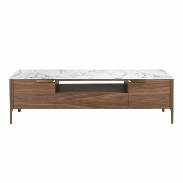 Mueble TV nogal con tapa de cristal imitación mármol