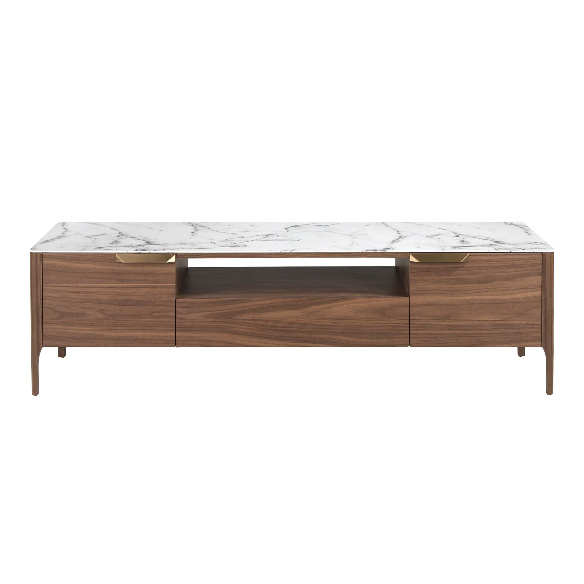 Mueble TV nogal con tapa de cristal imitación mármol Mueble TV nogal con tapa de cristal imitación mármol