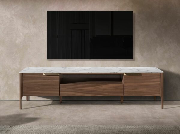 Mueble TV nogal con tapa de cristal imitación mármol
