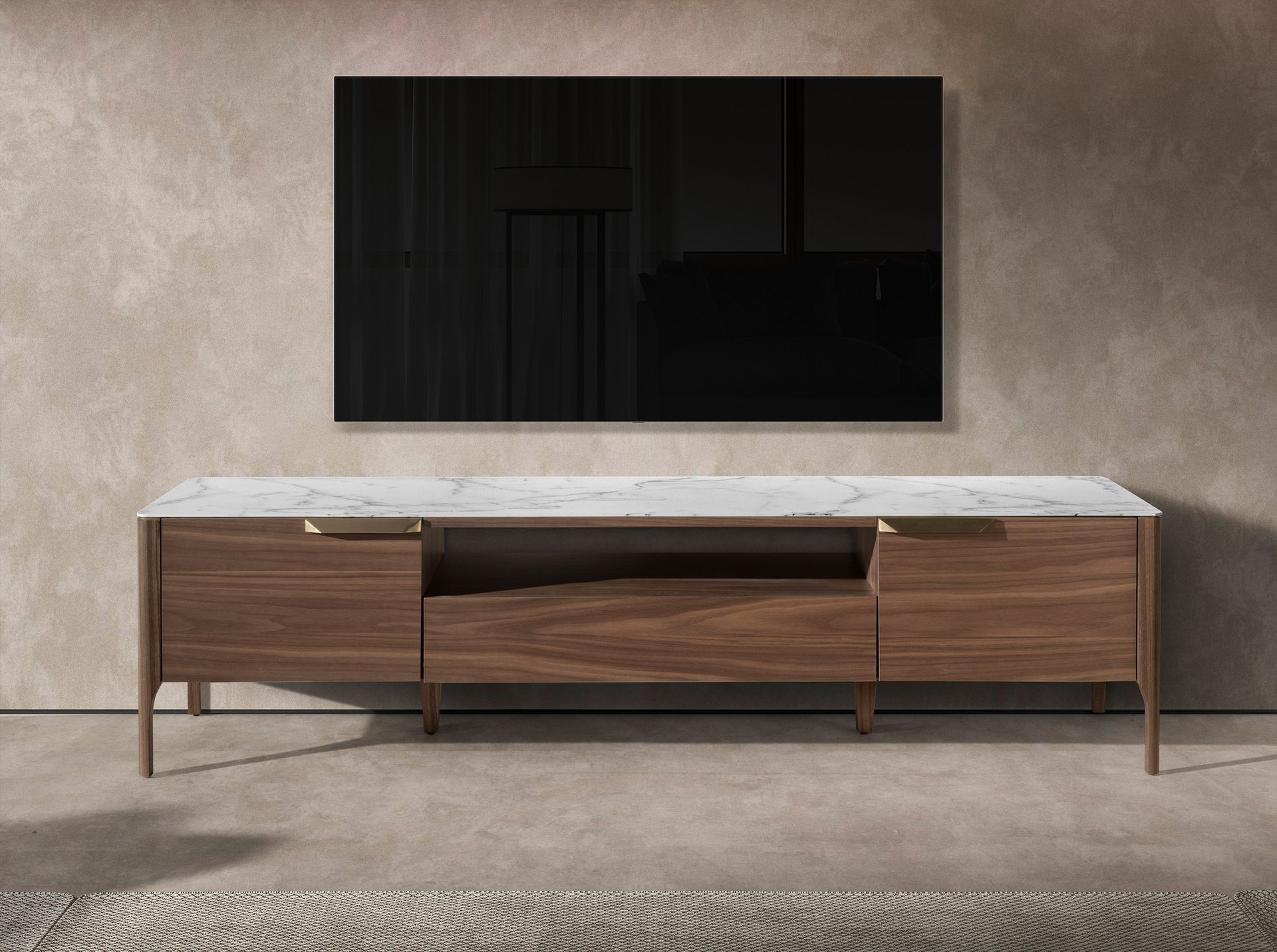 Mueble TV nogal con tapa de cristal imitación mármol Mueble TV nogal con tapa de cristal imitación mármol