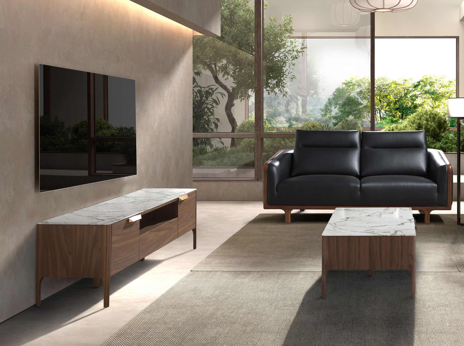 Mueble TV nogal con tapa de cristal imitación mármol Mueble TV nogal con tapa de cristal imitación mármol