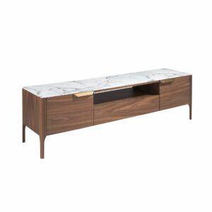 Mueble TV nogal con tapa de cristal imitación mármol Mueble TV nogal con tapa de cristal imitación mármol
