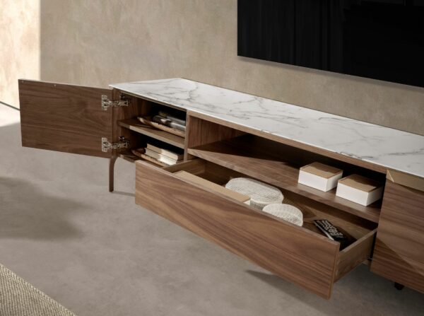 Mueble TV nogal con tapa de cristal imitación mármol