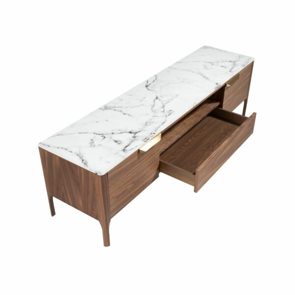 Mueble TV nogal con tapa de cristal imitación mármol